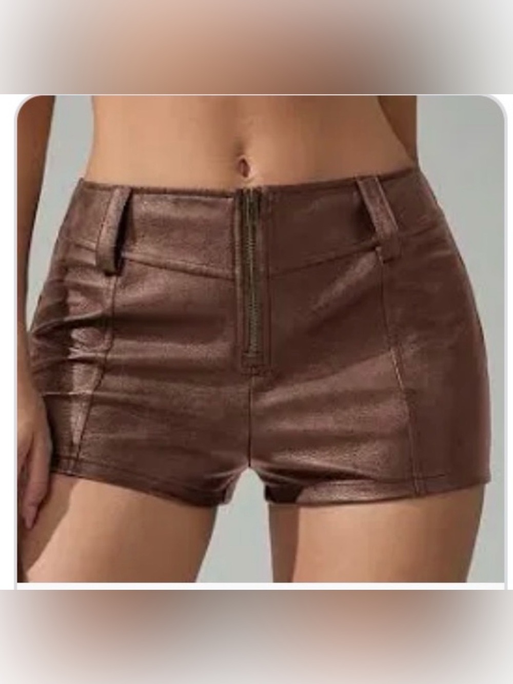 SHEIN Women's XL Brown Faux Leather Low-Rise Zip Front Hot Shorts Sexy Clubwear